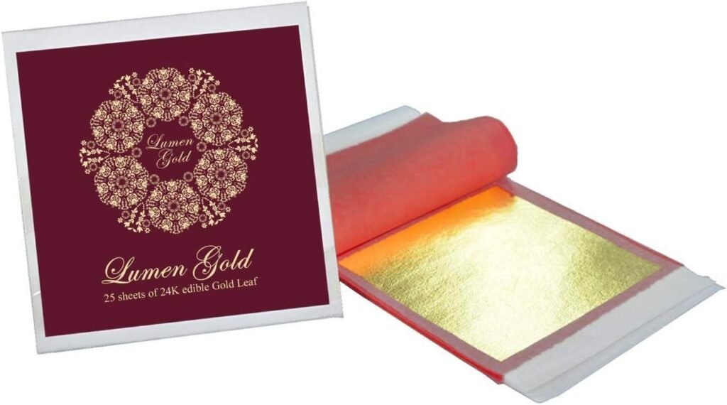 LumenGold 24K Premium Large Edible Gold Leaf - 25 Sheets - 8 x 8 cm - Tweezers included - Big Transfer sheets of Genuine Gold Foil - Cakes, Desserts, Food, Facials, Gilding, Luxury Cuisines