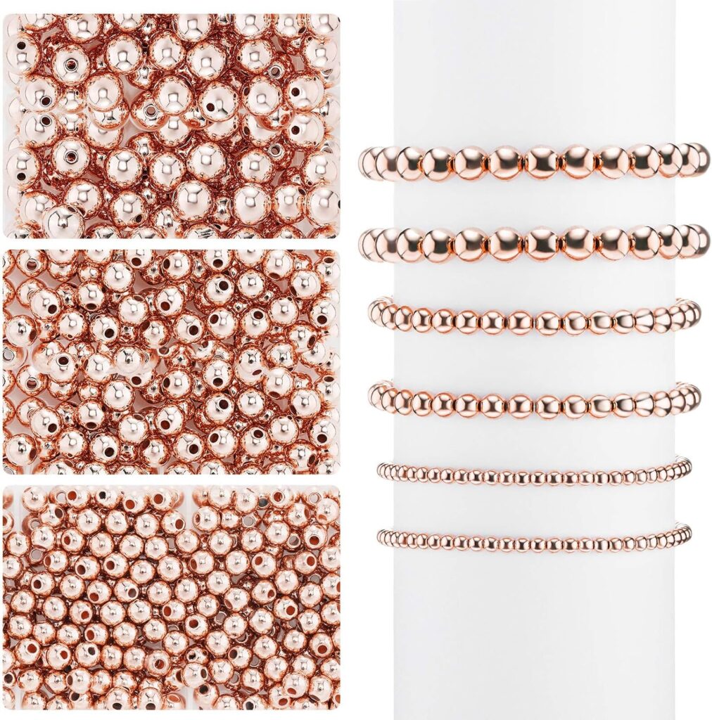 1200 Pieces Beads Ball Round Beads Beaded Spacer Beads Seamless Smooth Loose Ball Beads for Stackable Bracelet Jewelry Craft Making, 8 mm, 6 mm, 4 mm (Gold)