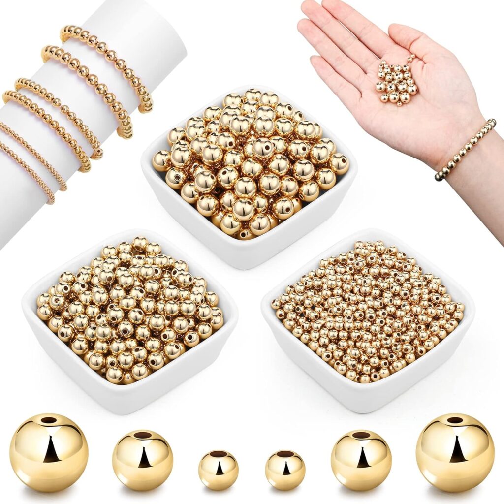 1200 Pieces Beads Ball Round Beads Beaded Spacer Beads Seamless Smooth Loose Ball Beads for Stackable Bracelet Jewelry Craft Making, 8 mm, 6 mm, 4 mm (Gold)