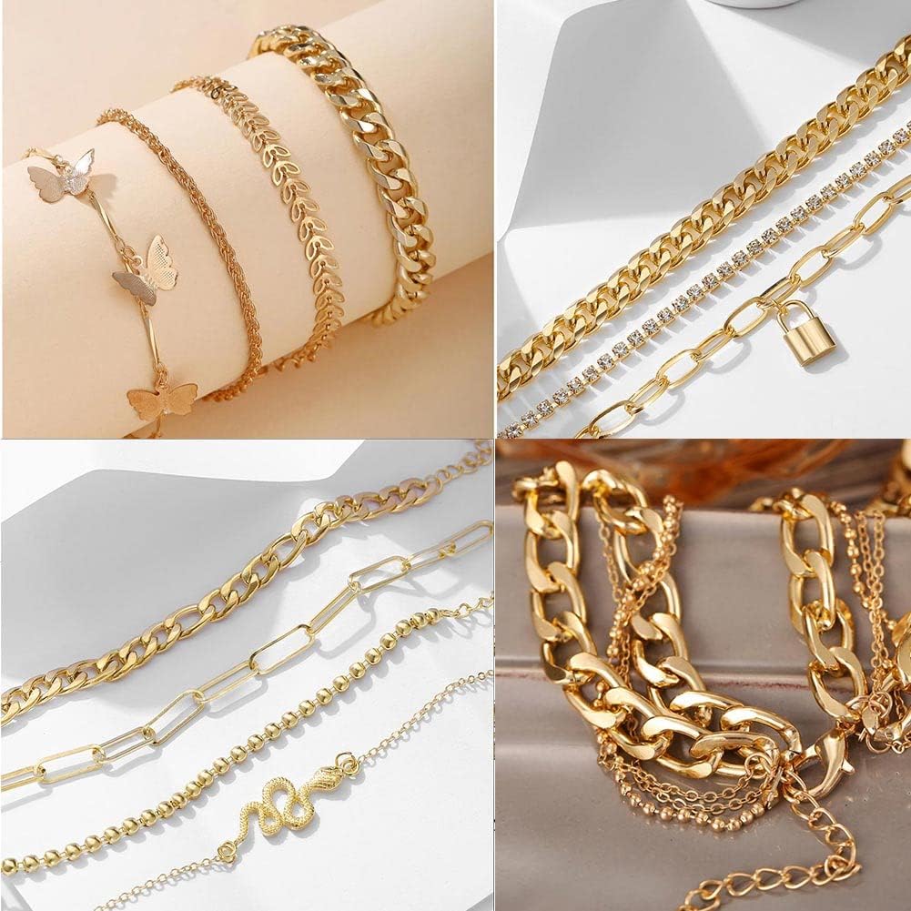 46 Pcs Gold Jewelry Set with 11Pcs Necklace, 11 Pcs anklet and 18 Pcs Earring Ear Cuff,6Hoop Earrings for Women Fashion Indie Costume Jewerly Pack for Friendship Party Gift