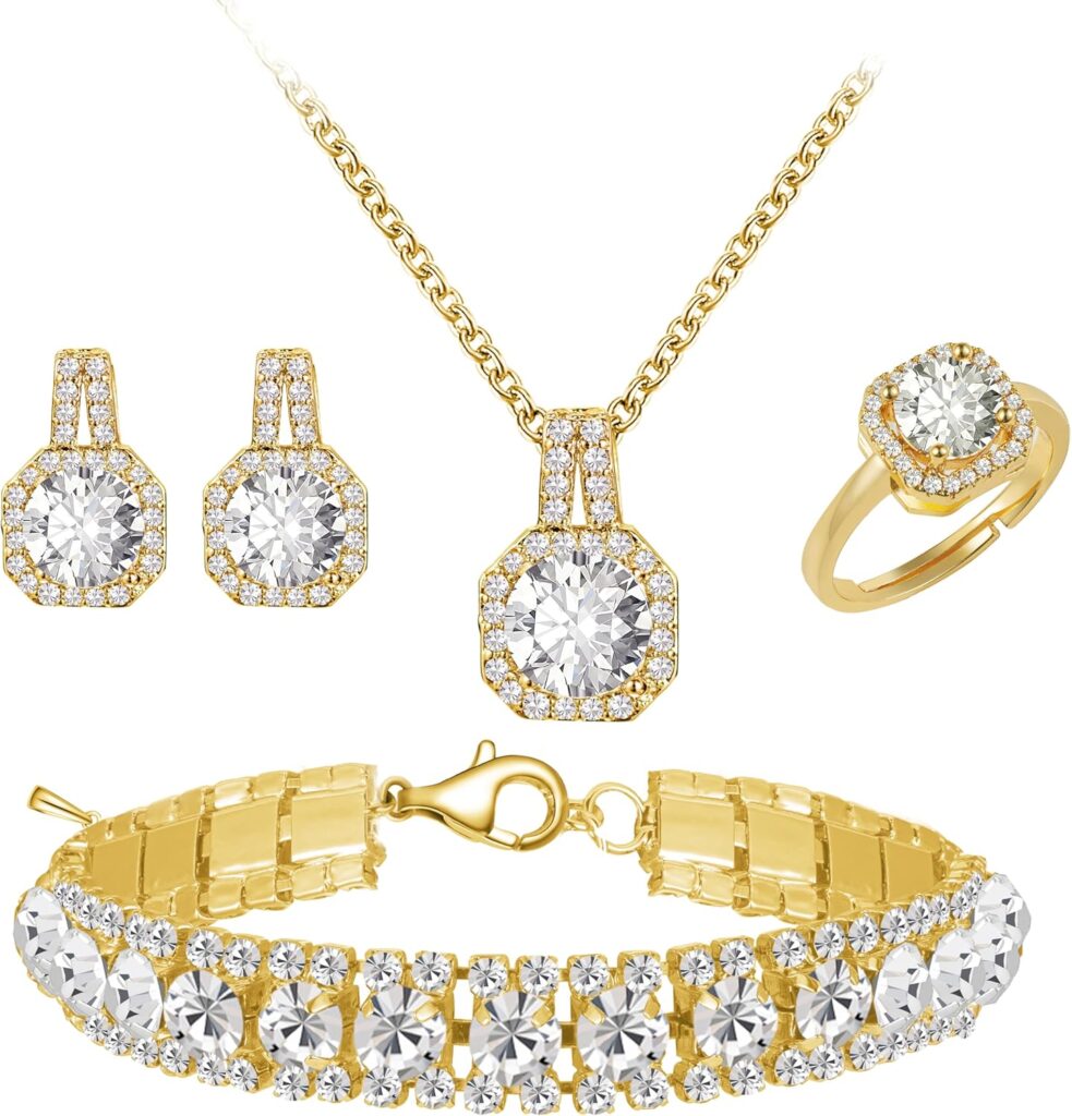 4pcs Cubic Zirconia Wedding Jewelry Sets for Bride Bridesmaid Cubic Zirconia Pendant Necklace Earrings Link Tennis Bracelet Open Ring Set for Women Birthday/Valentines Day/Mothers Day/Christmas