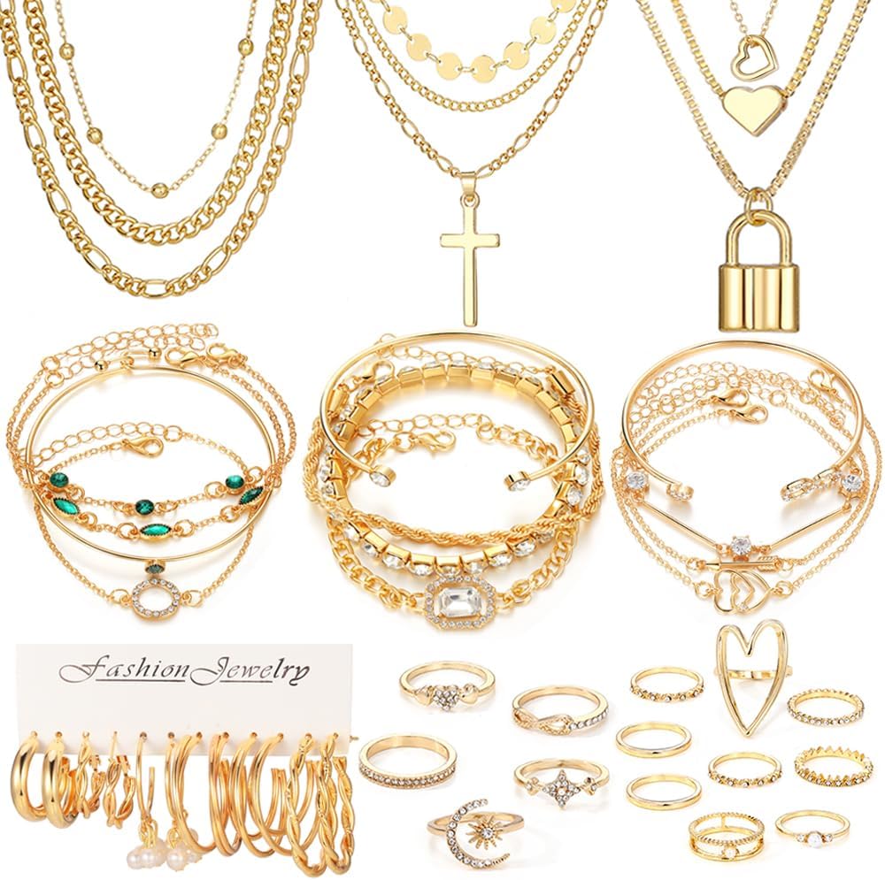 50 PCS Gold Jewelry Set for Women, Dainty Dangle Earrings, Stackable Ring, Multi-Layered Bracelet Necklace Valentine Anniversary Fashion Party Jewelry Pack Gift for Her