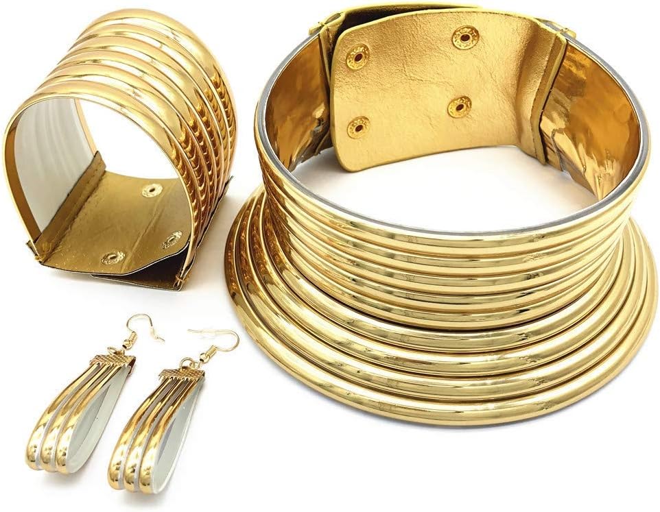 Aijian African Jewelry Statement Chokers Egypt Gold Tone Choker Women Chunky Leather Collar Necklace (C-1 Set (Gold))