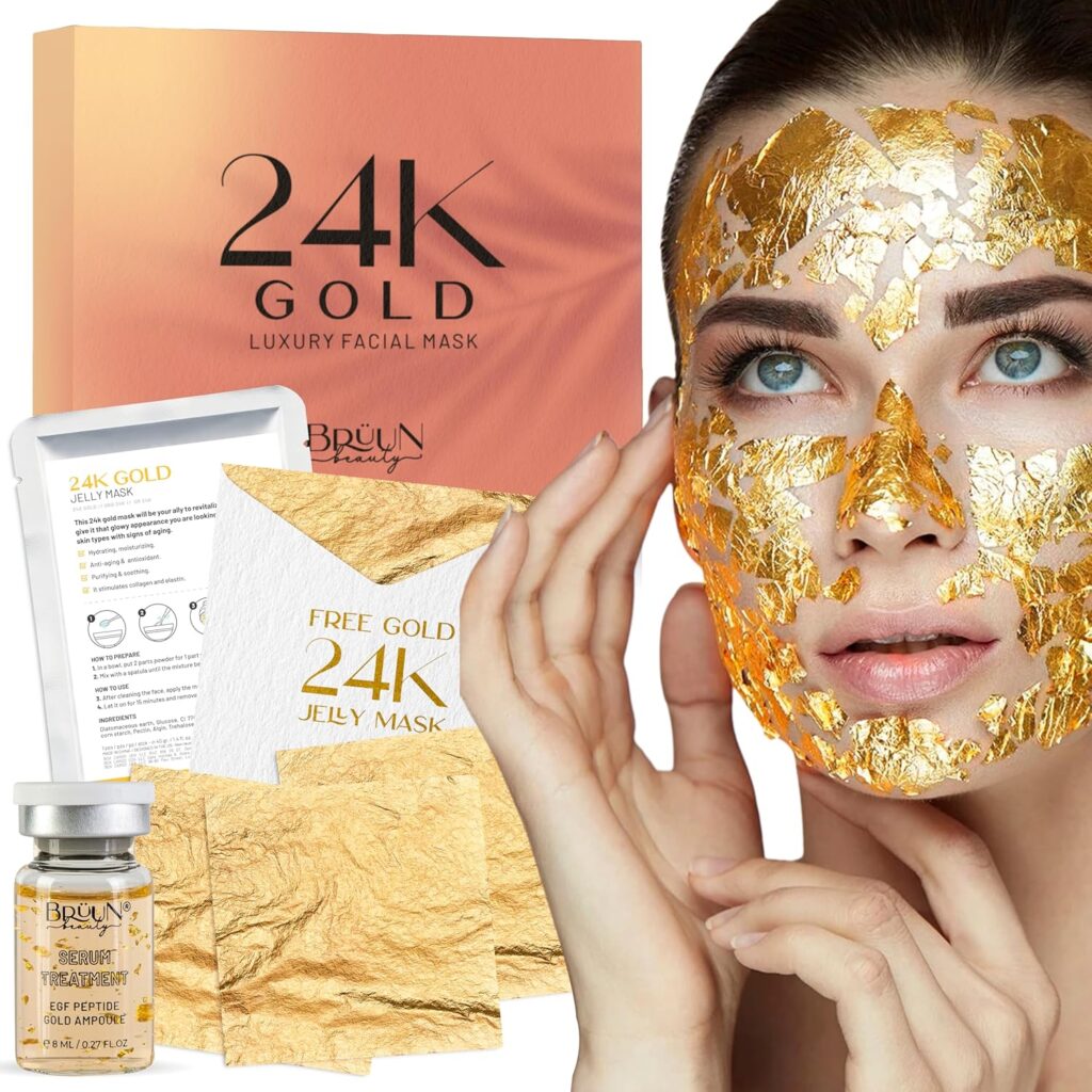 BRUUN 24K Gold Leaves - A Pack of 5 Gold Sheets with 1 24K Gold Peel off Jelly Mask Pack including 1 Facial Serum - A Perfect and Unique Skin and Body Care Kit for Women, Girls and Mom