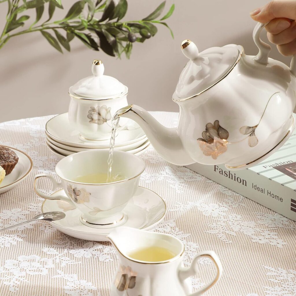 CHENP.HMC Porcelain Tea Set Tea Cup Set 22-Piece Porcelain Ceramic Coffee Tea Gift Sets Cups Saucer Service for 6 Teapot Sugar Bowl Creamer Pitcher and Teaspoons tea pot sets(Camellia)