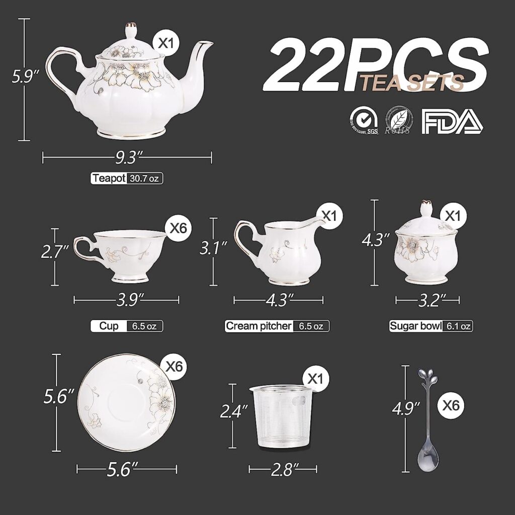 CHENP.HMC Porcelain Tea Set Tea Cup Set 22-Piece Porcelain Ceramic Coffee Tea Gift Sets Cups Saucer Service for 6 Teapot Sugar Bowl Creamer Pitcher and Teaspoons tea pot sets(Camellia)