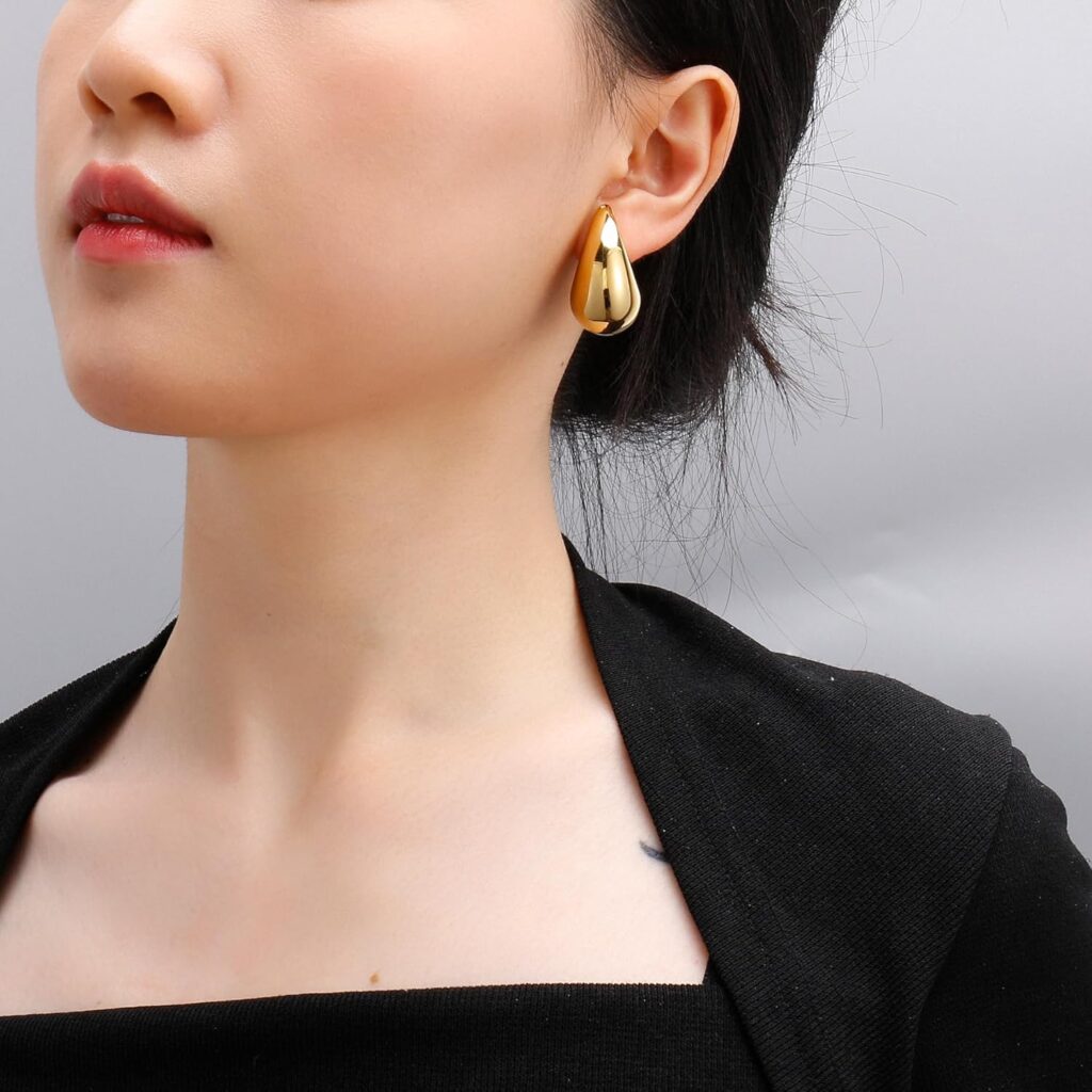 Chunky Gold Hoop Teardrop Earrings For Women 14K Thick Gold Lightweight Waterproof Hollow Open Hoops Gold Jewelry For Women Trendy