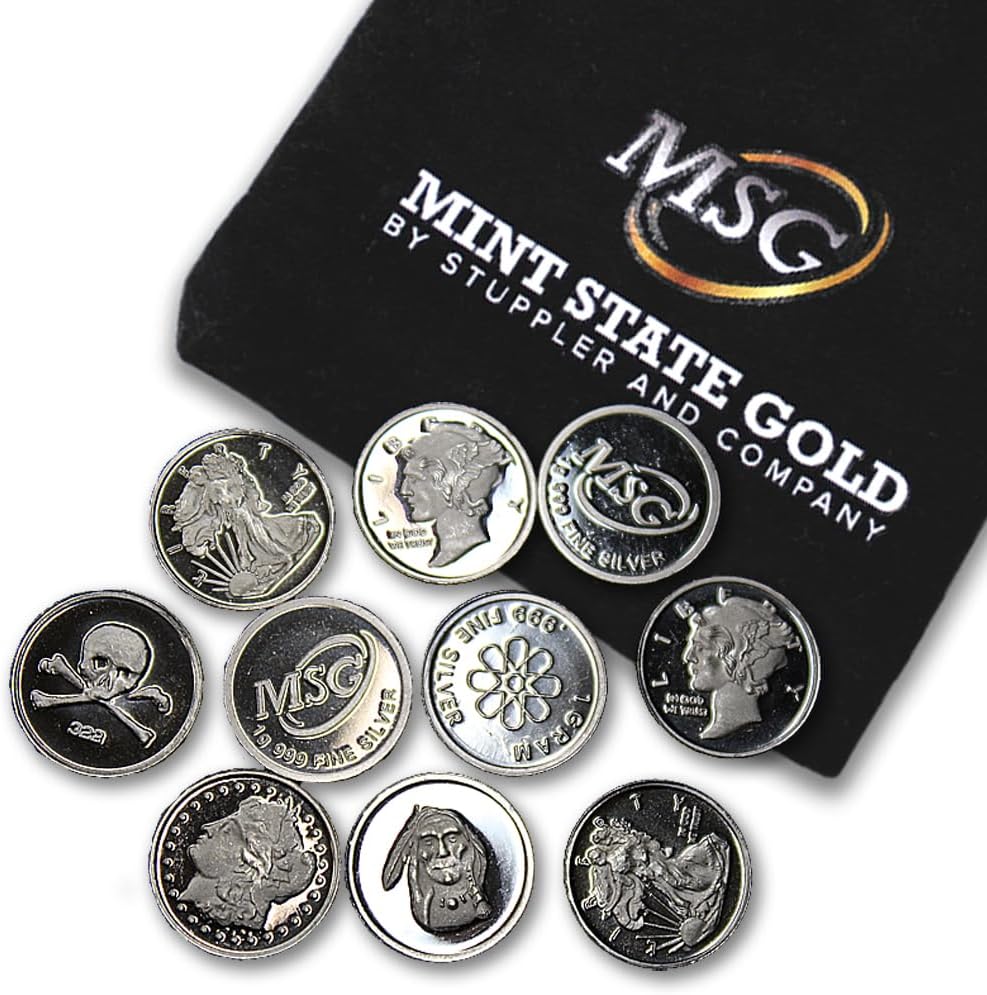Five (5) One Gram .999 Pure Silver Rounds with Random Designs in a Jewelry Pouch by Mint State Gold