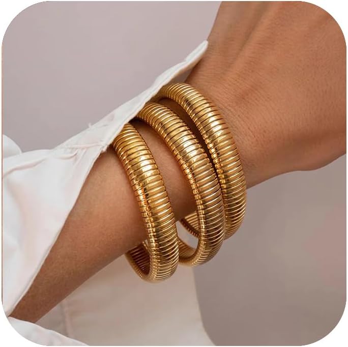 Gold Bangles for Women Chunky Stretch Bangles Bracelets Set 18K Gold Plated Stainless Steel Link Chain Bracelets Flexible Wide Wristband Bracelets Set of 3 Jewelry for Women