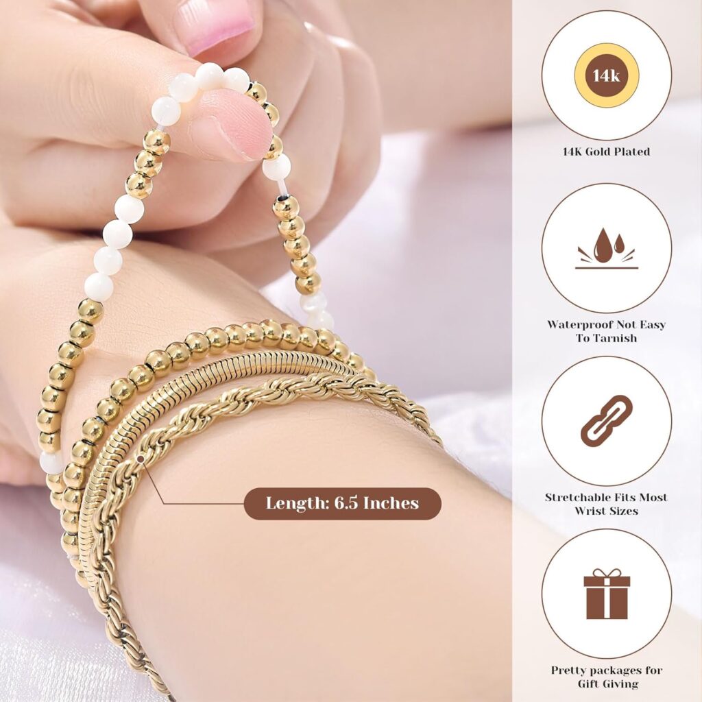 Gold Bracelets for Women, 14K Gold Plated Beaded Bracelets Gold Stretch Bead Ball Bracelet stack Set Adjustable Gold Jewelry Fashion Accessories for Women men