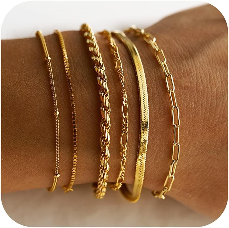 Gold Bracelets for Women Waterproof, 14K Real Gold Jewelry Sets for Women Trendy Thin Dainty Stackable Cuban Link Paperclip Chain Bracelet Pack Fashion Accessories Gifts for Womens 