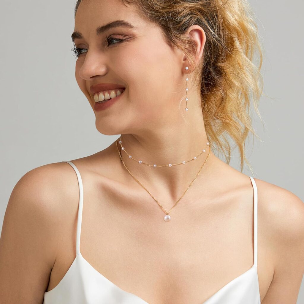 Gold Jewelry Set for Women Dainty 14K Gold Plated Pearl Choker Necklace for Women Pearl Necklace and Earring Set Pearl Drop Earrings Pearl Bracelets Wedding Pearl Jewelry Gift
