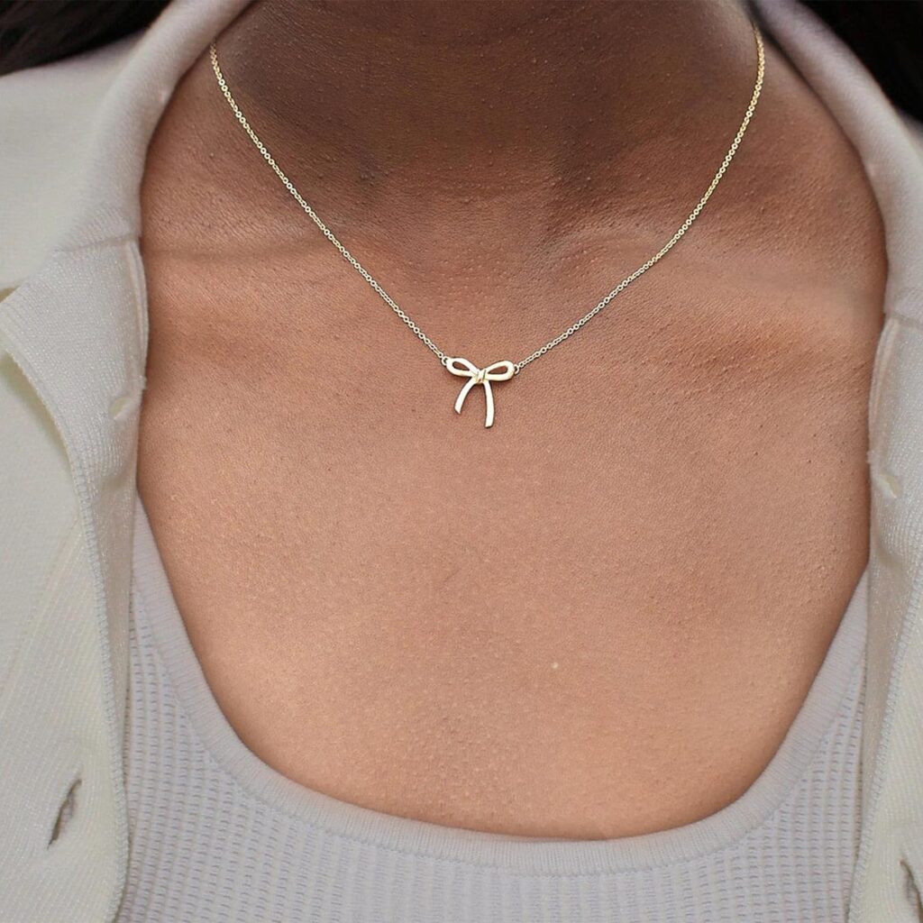 Gold Necklace for Women - Bow Necklace 14K Dainty Gold Necklace Cute Small Tiny Bow Pendant Choker Chain Necklace Trendy Necklaces for Women Gold Jewelry Gift