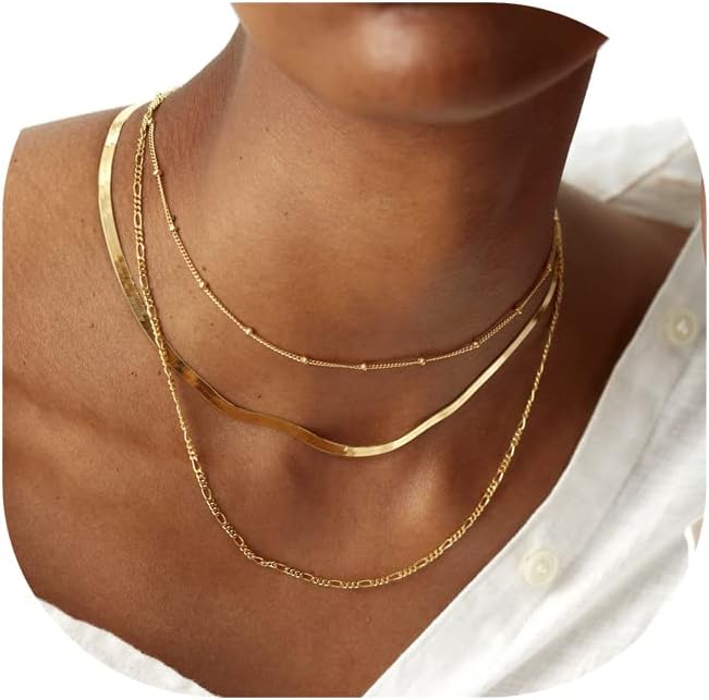 Herringbone Necklace for Women,Dainty Gold Necklace,14k Gold Plated Snake,Gold Chain Choker Necklaces,Simple Gold Layered Necklaces,Gold Jewelry Gift for Women