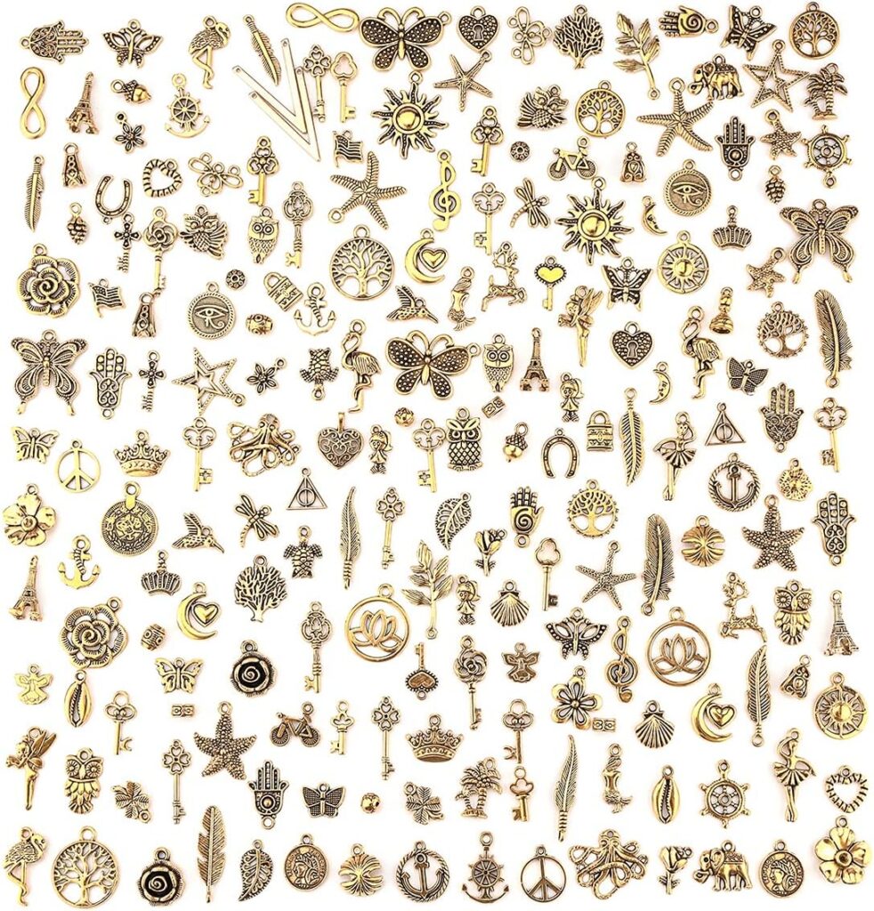 JIALEEY 200Pcs Tibetan Antique Gold Charm Mixed Pendants DIY for Bracelet Necklace Jewelry Making and Crafting
