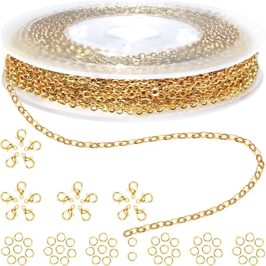 Jishi 33ft Gold Chain Stainless Steel 2mm Jewelry Chain Links for Making Necklace Earring Bracelet DIY Craft Supplies Findings, Gold Plated Metal Cable Rolo Link Chain Roll w/Lobster Clasps Jump Rings