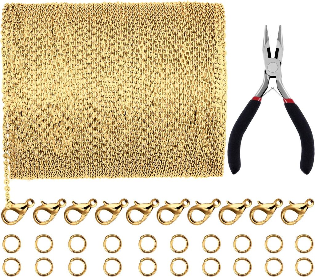 JOVITEC 39.4 Feet 2 mm Link Chains Necklace Chain Necklace Jewelry Plier with 30 Pieces Lobster Clasps and 100 Pieces Jump Rings for Jewelry Accessories DIY(Gold)