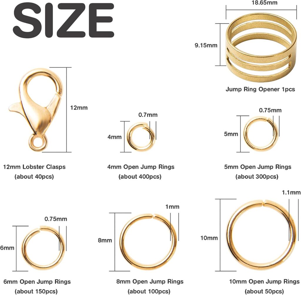 Jump Rings Kit With1000PCS Open Jump Rings 40PCS 12mm Lobster Clasps and Jump Rings Opener for Jewelry Making Keychains and Necklace Repair (Gold)