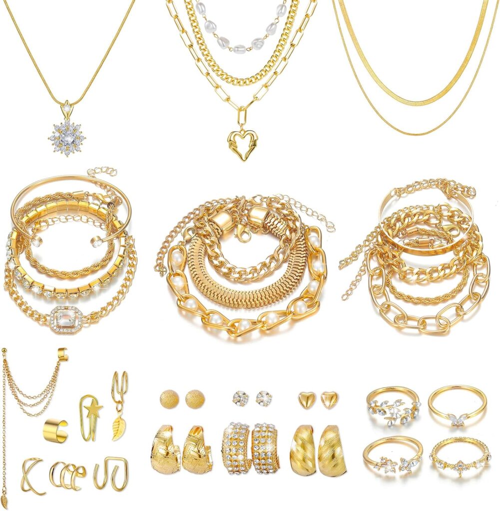 KISS WIFE Gold Jewelry Set for Women, Multi Layered Necklaces Stackable Bracelets Knuckle Rings and Hoop Earrings Sets, Fashion Vacation Jewelry Costume Jewelry Packs