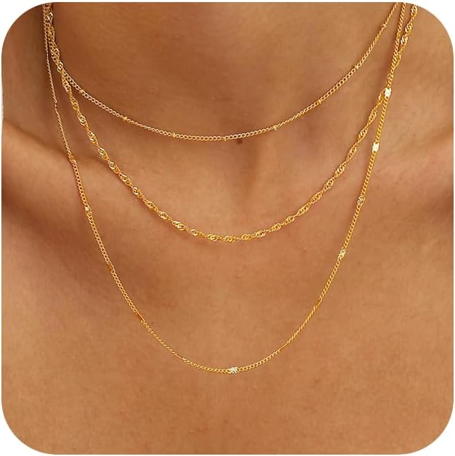 Layered Necklaces for Women,Chunky Gold Choker Necklace Stack Simple 14K Gold Necklace Set Gold Herringbone Cuban Rope Chain Necklace for Women Trendy Waterproof Gold Jewelry for Women