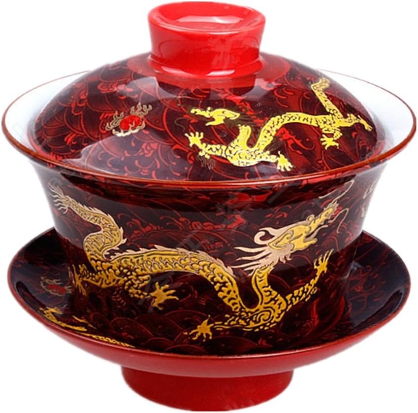 Moyishi Chinese Porcelain Gaiwan Floral Dragon Tradition Sancai Tea Cup Tea Set Best Gift (Dark Red Dragon)