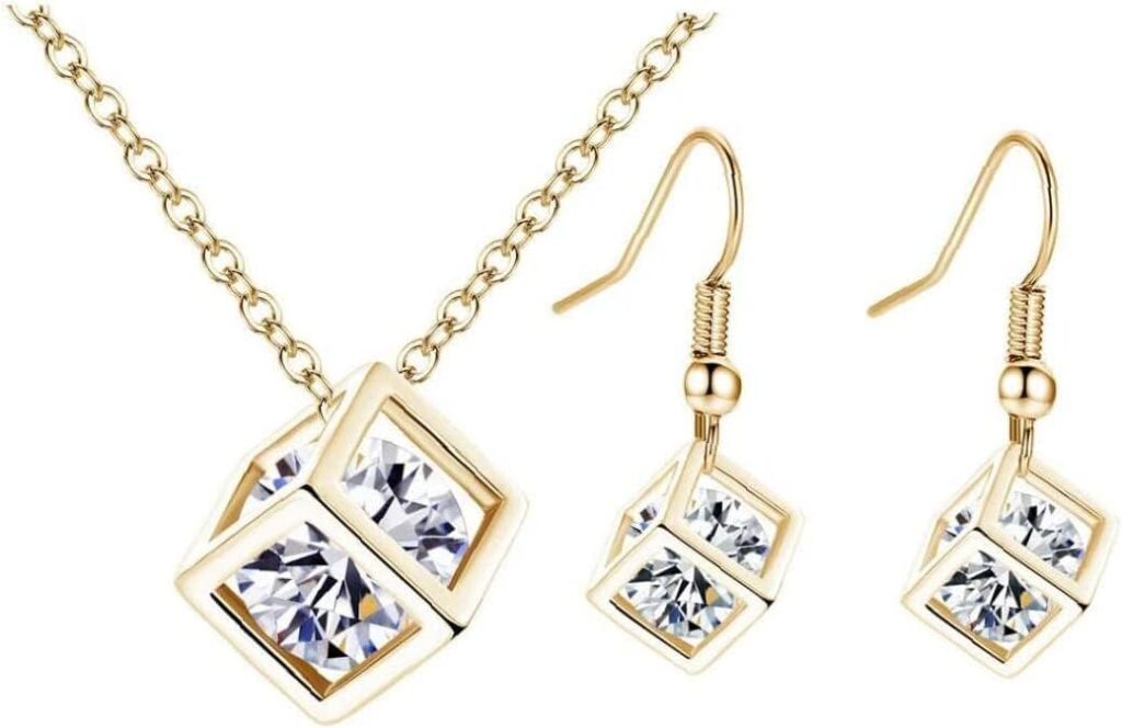 Necklace Earrings Set Crystal Cube Neck Chain Earrings Pendant Chain Jewelry for Women Gold Womens