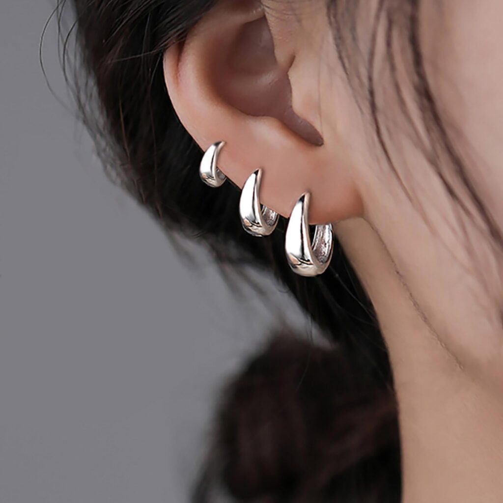PANSHI 14K Gold Plated Chunky Hoop Earrings Set | Sterling Silver Post Small Huggie Earrings for Women