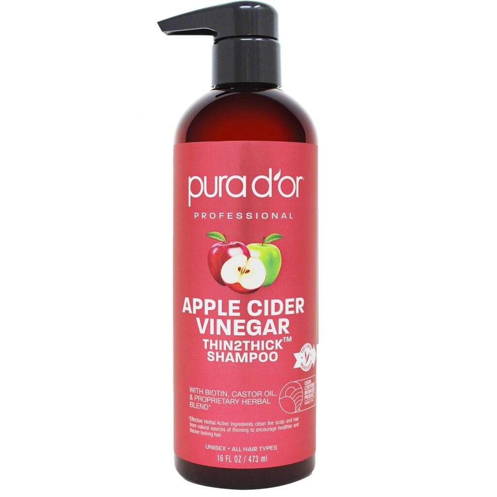 PURA DOR 16 Oz Apple Cider Vinegar Thin2Thick Shampoo - Biotin, Castor Oil for Reduced Frizz, Split Ends, Clarifying  Detox, No Parabens, No Sulfates, All Hair Types, Men  Women