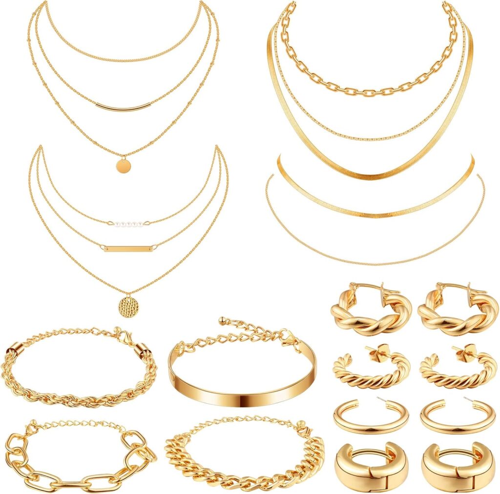 Tiamon 12 Pcs Gold Silver Jewelry Sets for Women Layered Set of Earring Necklace Bracelets for Teen Girl Men Christmas Jewelry Gifts