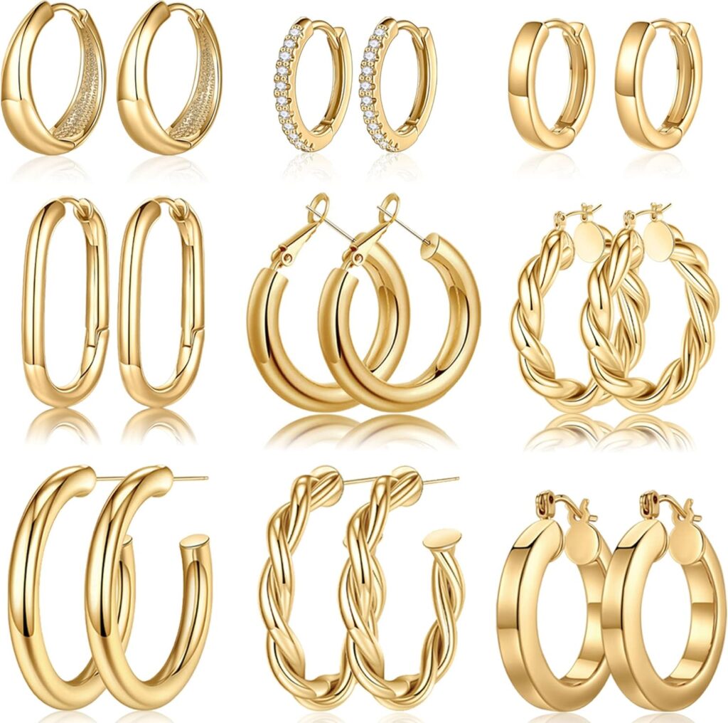 Yesteel 9 Pairs Gold Hoop Earrings for Women, 925 Sterling Silver Post 14K Real Gold Plated Chunky Hoop Earrings Set for Women Hypoallergenic Thick Lightweight Hoop Earrings for Women Gold Jewelry Gifts