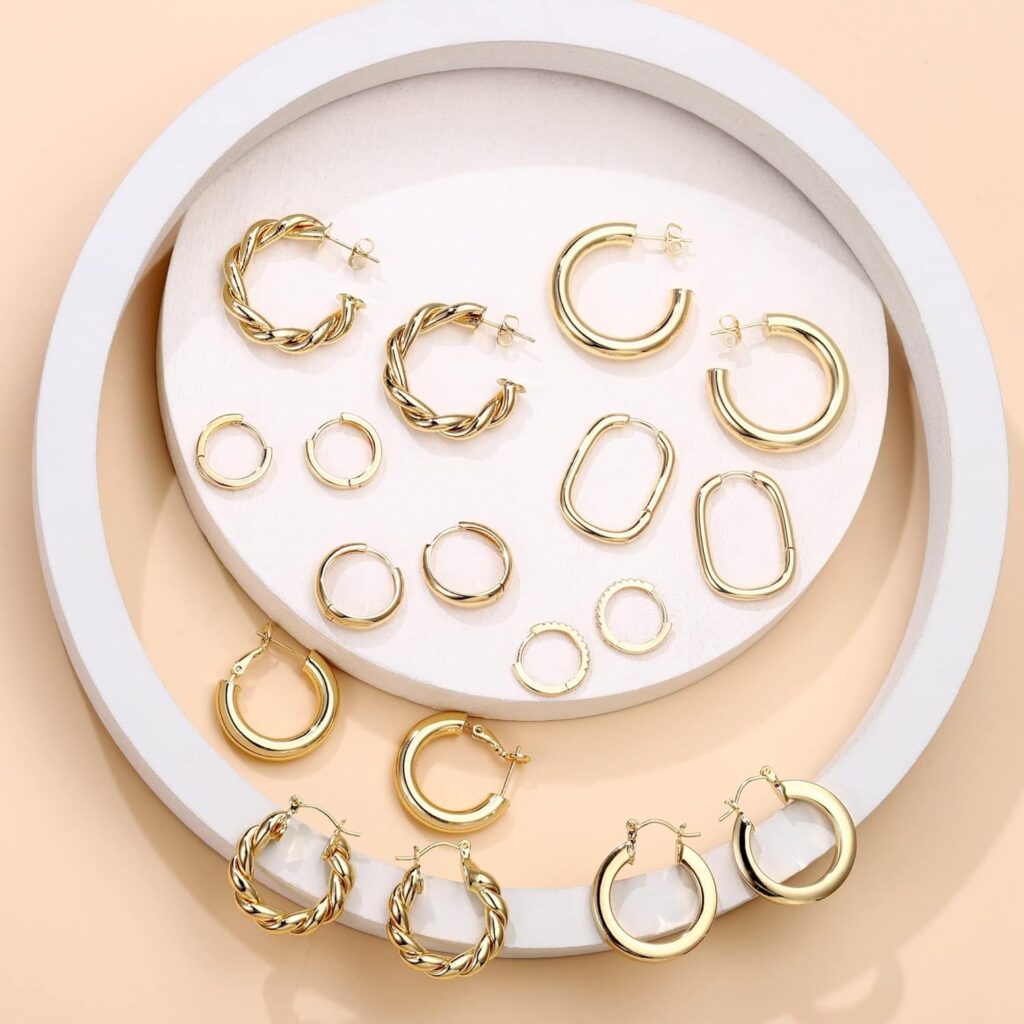 Yesteel 9 Pairs Gold Hoop Earrings for Women, 925 Sterling Silver Post 14K Real Gold Plated Chunky Hoop Earrings Set for Women Hypoallergenic Thick Lightweight Hoop Earrings for Women Gold Jewelry Gifts