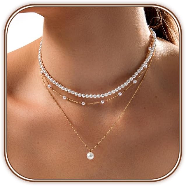 Zeffy Gold Pearl Necklace for Women, 18K Gold Plated Layered Pearl Choker Trendy Wedding Dainty Gold Jewelry Set for Women Gifts