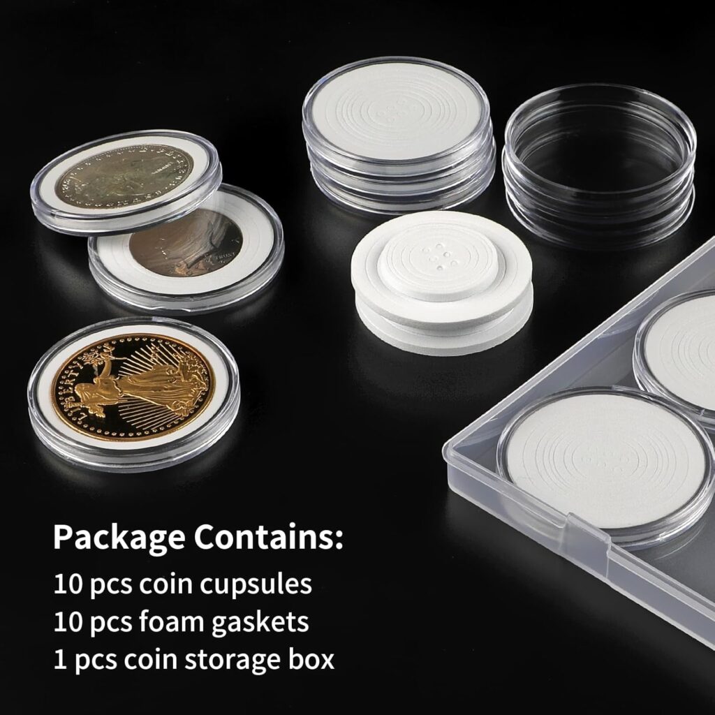 10 Pcs Clear Plastic Coin Capsules, Silver Dollar Coin Holder, Coin Holders for Collectors, Coin Case with 8 Size Adjustable Gasket  Organizer Box for Morgan Silver Dollar | 16/20/25/27/30/33/38/46mm