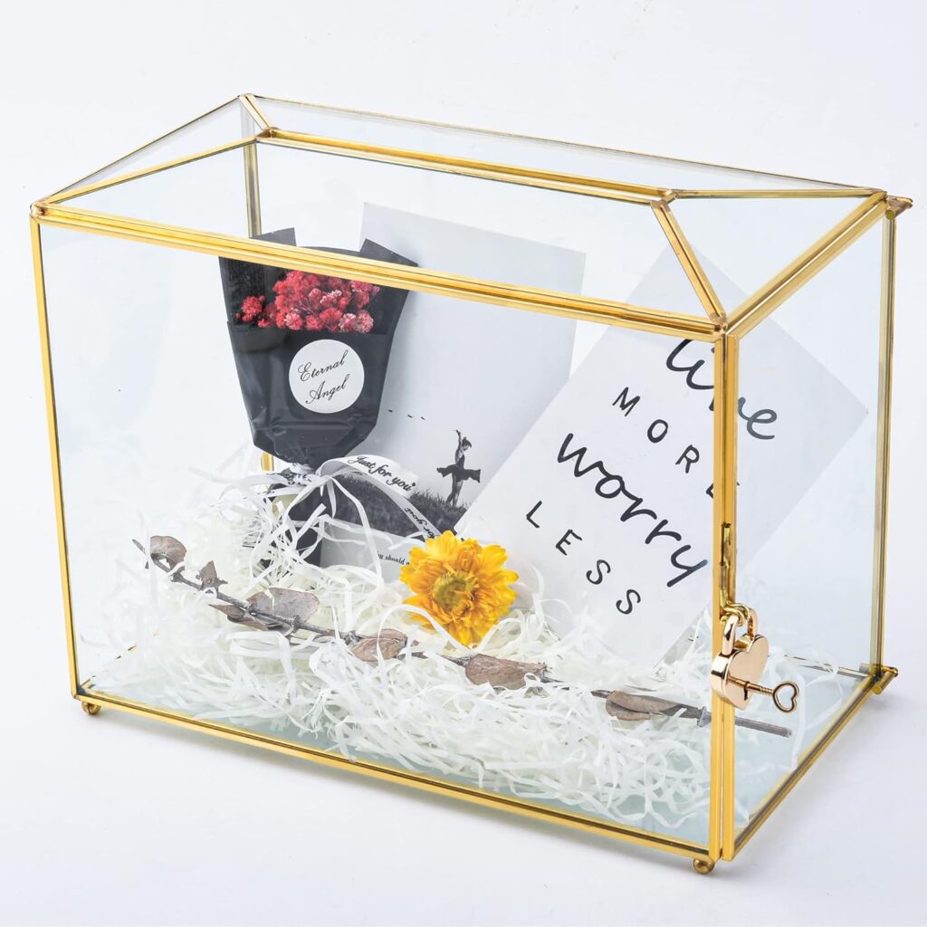 11 Wedding Card Box for Reception - Gold Glass Card Holder with Locks And Slot On Top, Clear Geometric Shape Terrarium for Keepsake/Bridal Shower/Ballot, Handmade And Large Size, Upgraded