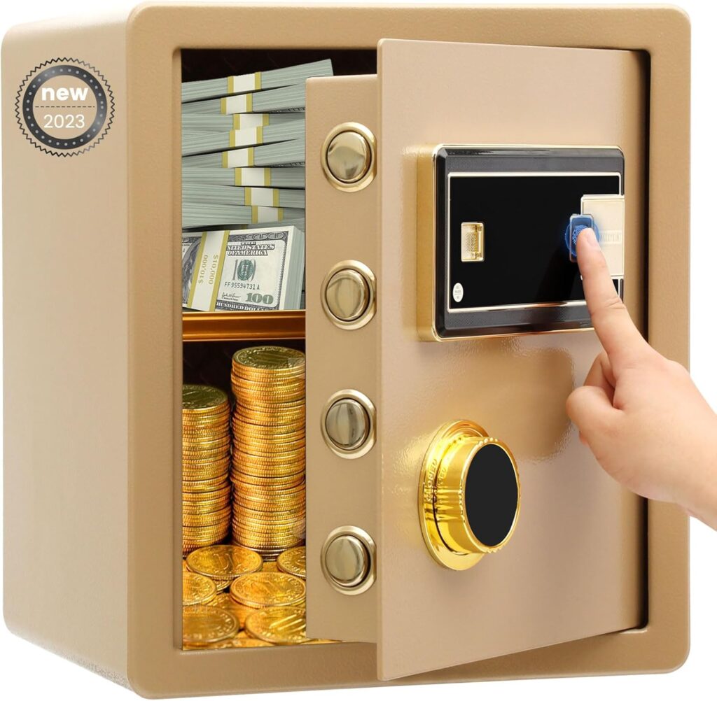 1.4 Cub Fingerprint Safe Box, Digital Combination Lock and Spare Keys, Solid Alloy Steel Cabinet Safes for Home Important Documents Valuables (Golden)