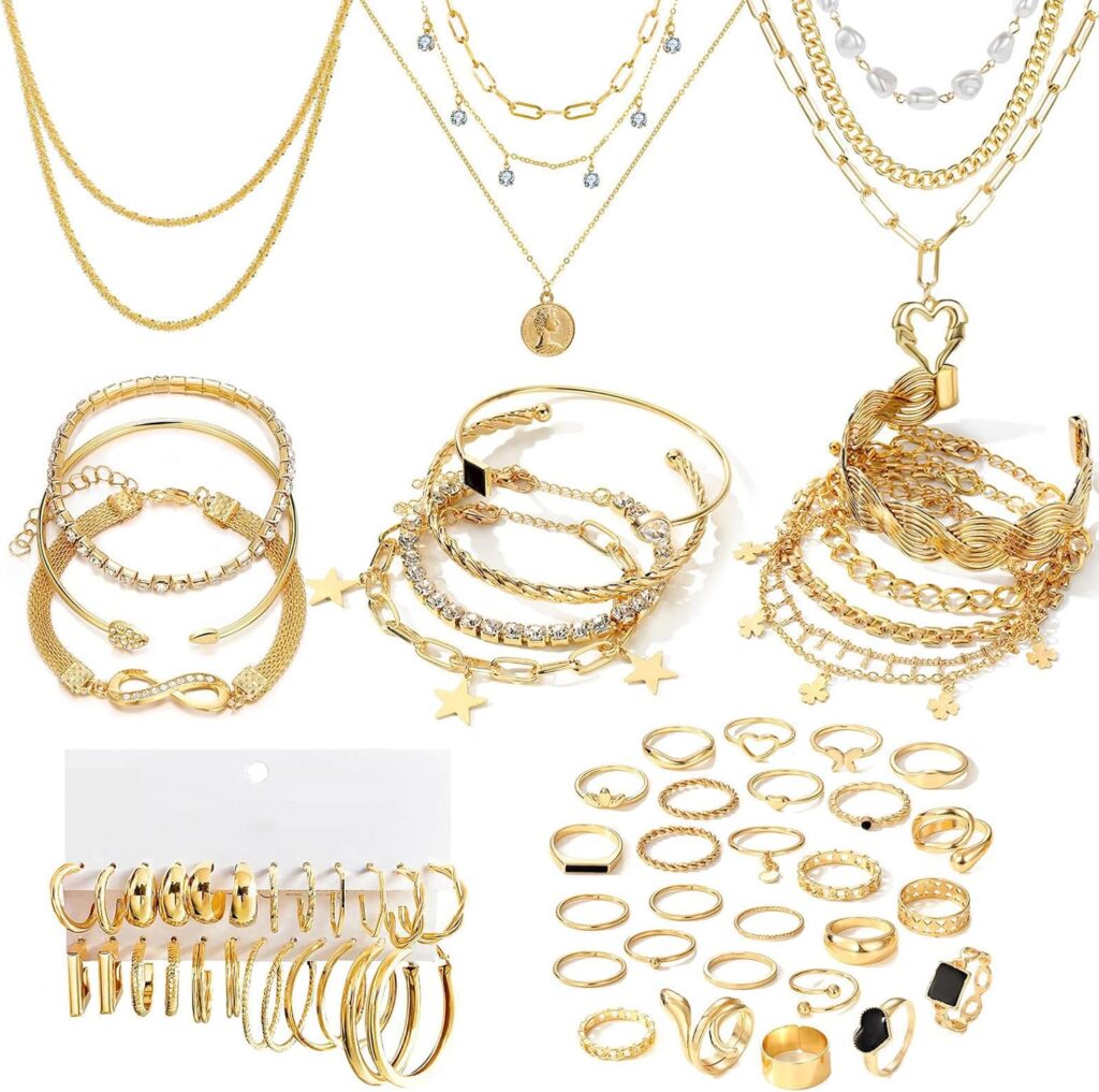 17IF 38-59 Pcs(9-8 Pack) Gold Plated Jewelry Set for Women With 8 Necklace 12 Bracelet 27 Ring 12 Pair Earring Hoop Simple Sparkle for Happy