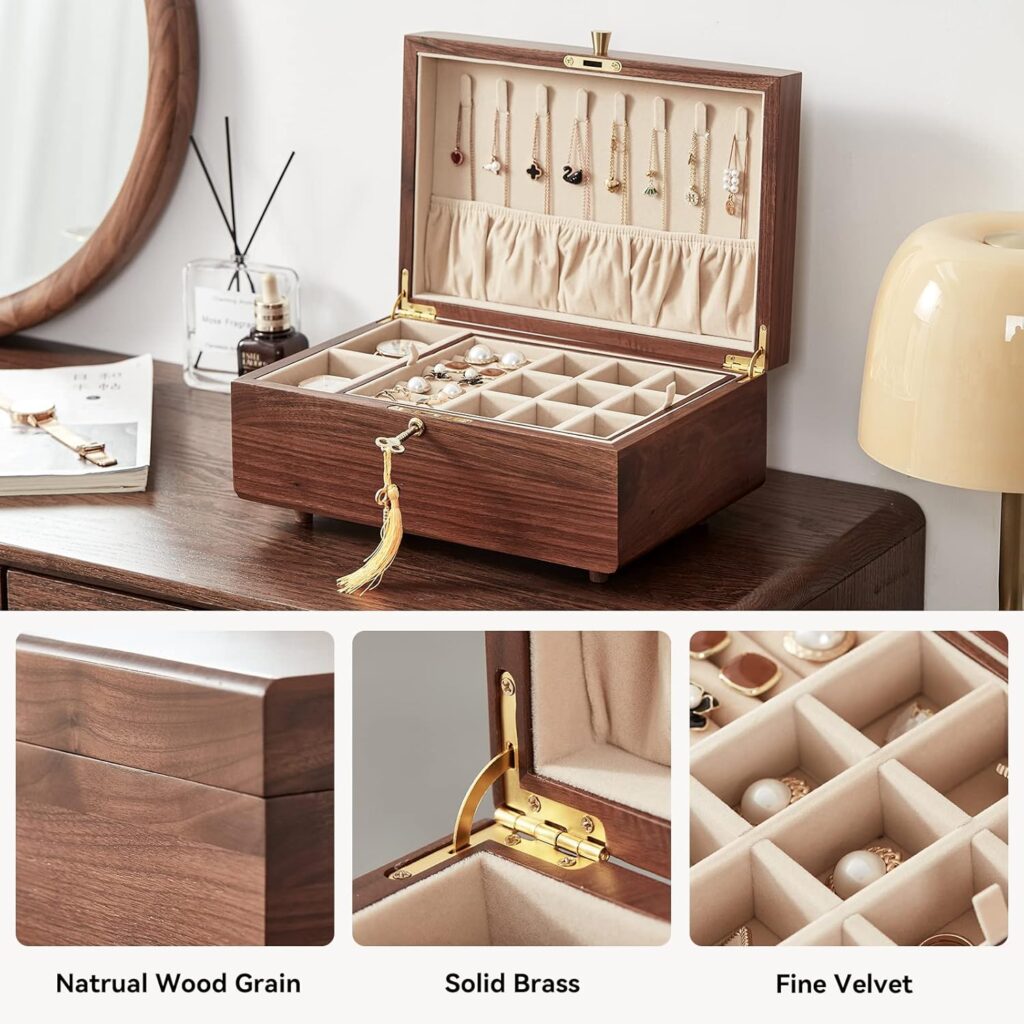 Black Walnut Wooden Jewelry Box for Bracelet Watch Necklace Ring Storage Lockable Case for women Classical Solid Wooden 2 Layer Jewelry box Easter Gifts
