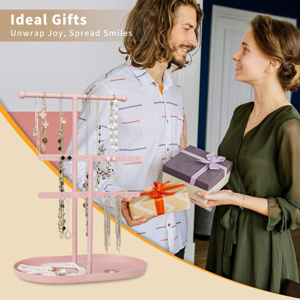 Elegant Jewelry Organizer holder 2-Tier Display Storage Stand for Earrings Necklaces with Ring Tray Spacious and Durable, Easy to Assemble White  Gold