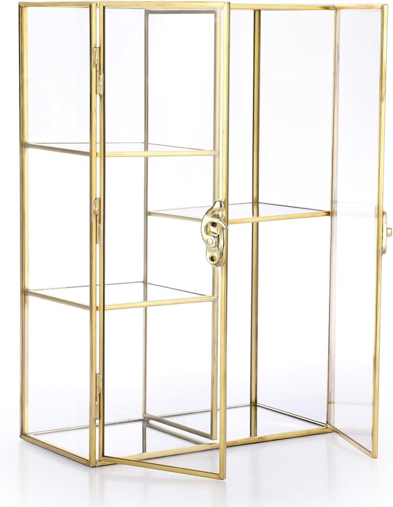 ELLDOO 5 Slots Clear Glass Storage Box, Gold Mirrored Jewelry Makeup Display Organizer Case, Decorative Tower Box Storage for Trinket Perfume Lipstick Figure Statue Toy Display