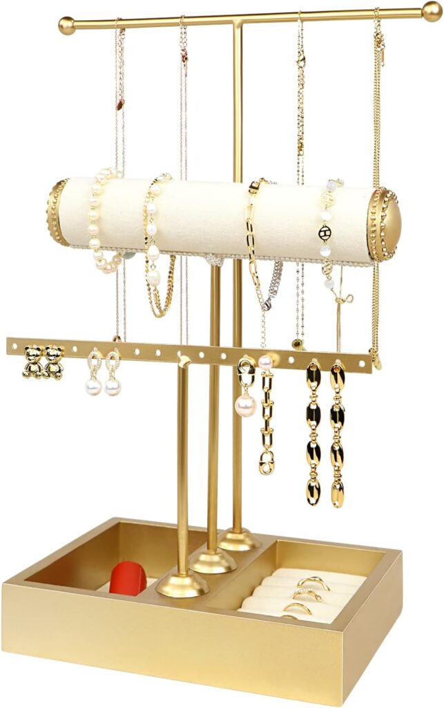 Funlove Jewelry Organizer Stand 3-in-1 Jewelry Holder for Necklaces Bracelet Earrings  Ring Jewelry Tree Jewelry Tower Metal  Wood-Gold