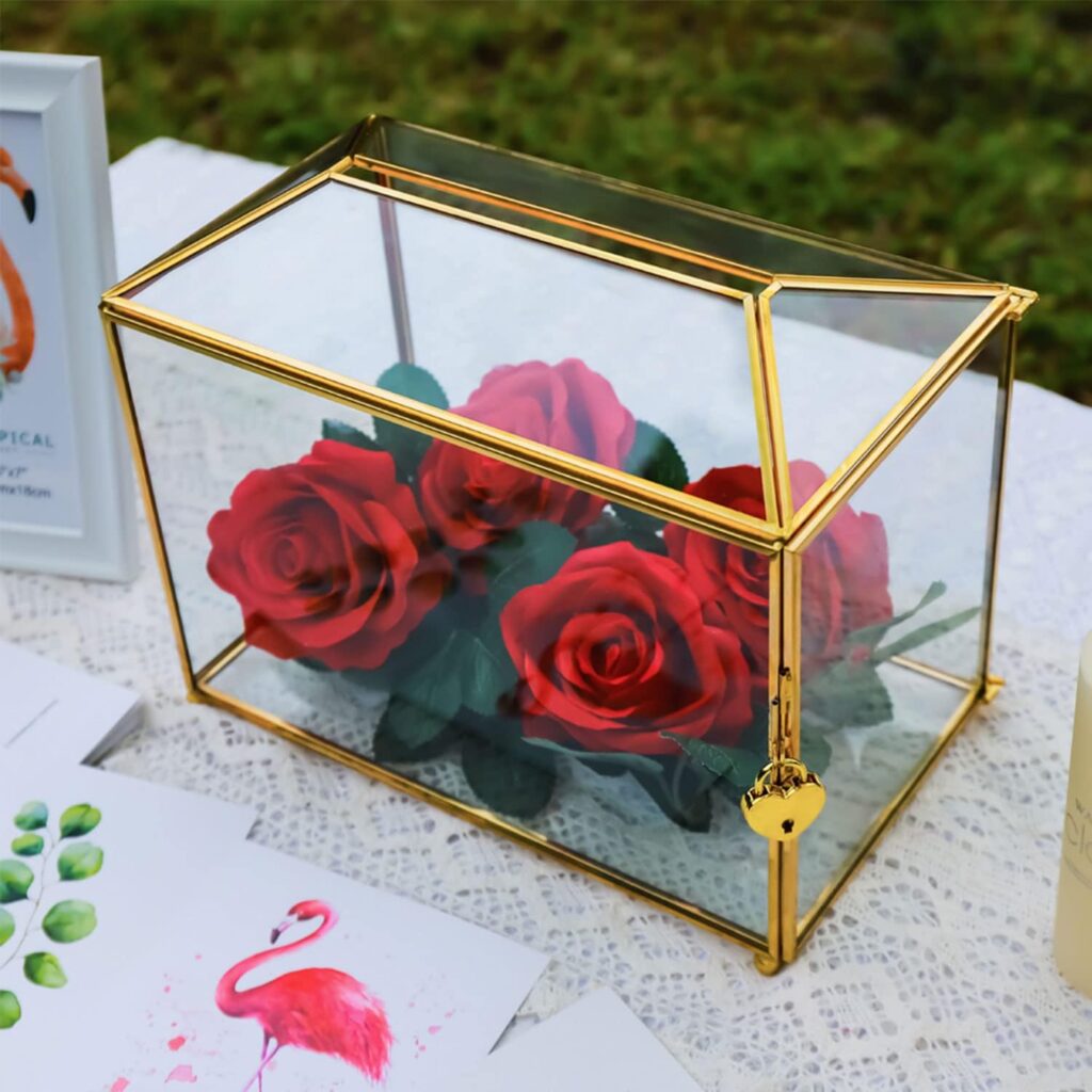 Glass Wedding Card Box Gold with Slot and Heart Lock Handmade Clear Brass Geometric Terrarium Planter Gift Card Storage Box for Wedding Reception Graduation Ballot (10.2 X 5.9 X 7.9 inch, Gold)