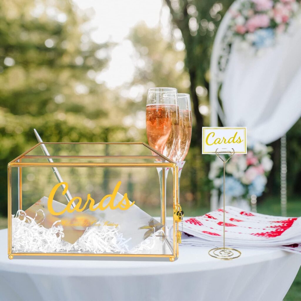 Glass Wedding Card Box with Lock, 12.6x5.9x9 inches Large Gold Card Boxes for Wedding Reception, Keepsake Display, Graduation, Party Centerpiece Decorative Box