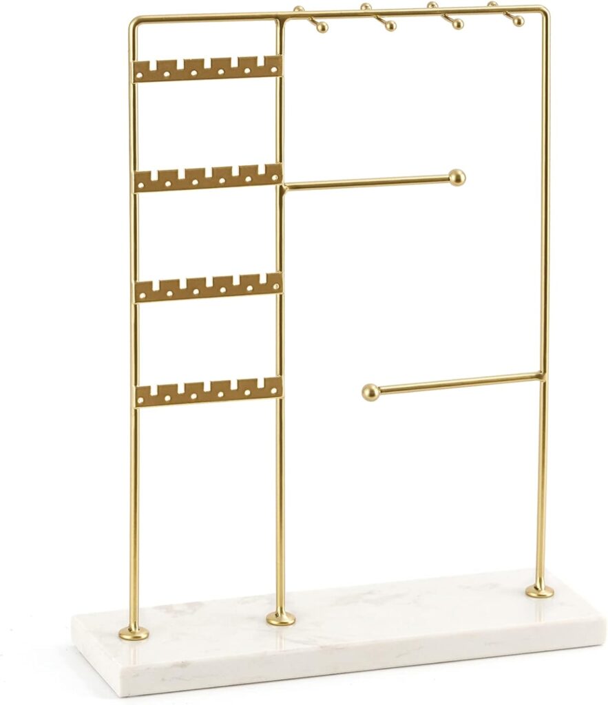 Gold-Earring-Holder-Organizer Marble Jewelry Holder Organizer Stand Stud Earring Holder 4 Tier Earring Stand for Earrings Necklaces Bracelets Rings