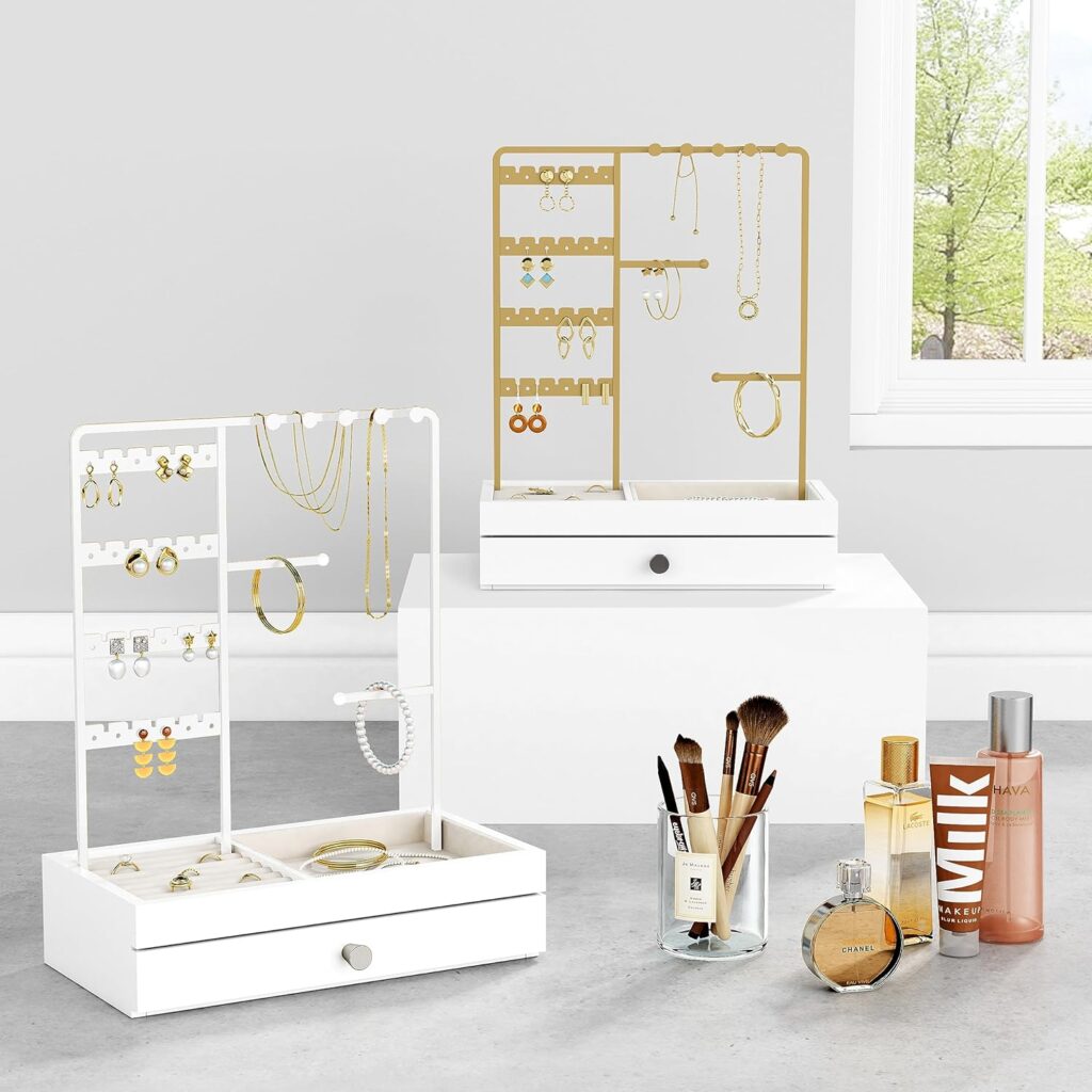 Gold Jewelry Stand Organizer Necklace Holder for Women Girls, Earring Ring Bracelet Display Stand with Tray Storage Drawer, Small Wood Jewelry Hanger Tree Tower for Vanity Dresser -White