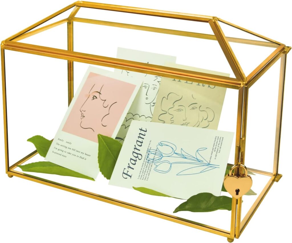 Gold Wedding Glass Card Box – 12.6 inch Large Wedding Card Holder Handmade Gold Glass Terrarium with Slot and Heart Lock Gold Wedding Glass Card Box – 12.6 inch Large Wedding Card Holder Handmade Gold Glass Terrarium with Slot and Heart Lock