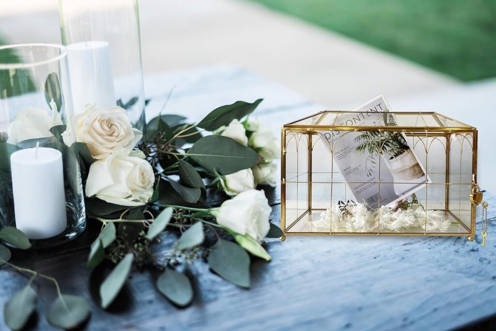 Golden Glass Lidded Box Decorative Jewelry Display Box Brass Clear Glass (Garden Gold with Lock, 10.3 L x 5.9 W x 8.3 H)…