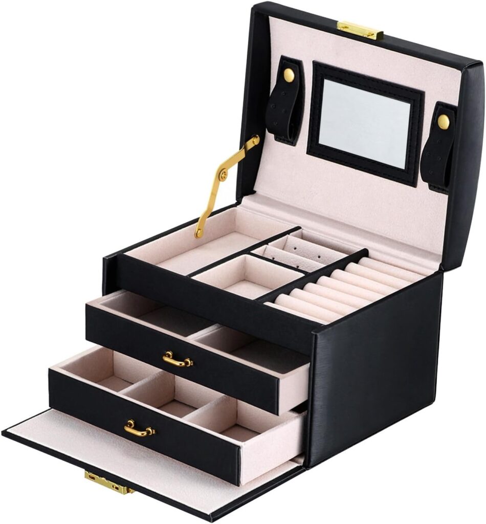 goldwheat Jewelry Box, Jewelry Organizer Box for Women, 3 Layer Portable Travel Jewelry Storage Case with Lock for Necklace, Earrings, Rings, Bracelets