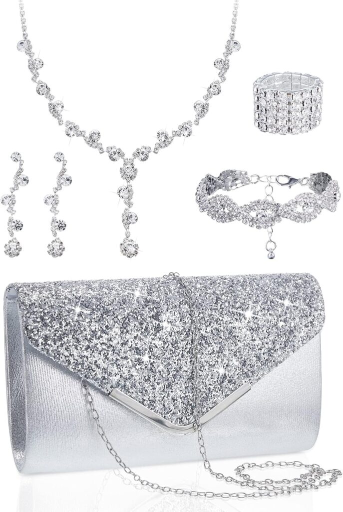 Henoyso 5 Pcs Purse Rhinestone Jewelry Set Rhinestone Clutch Purse Bride Prom Jewelry Necklace Earrings Bracelets for Women