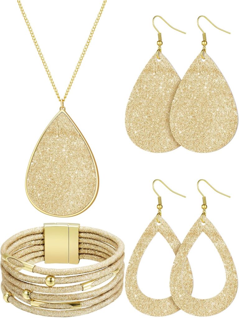 Hicarer 4 Pieces Womens Glitter Jewelry Set Bridal Wedding Multi-Layer Bracelet Faux Leather Dangle Earrings Necklace