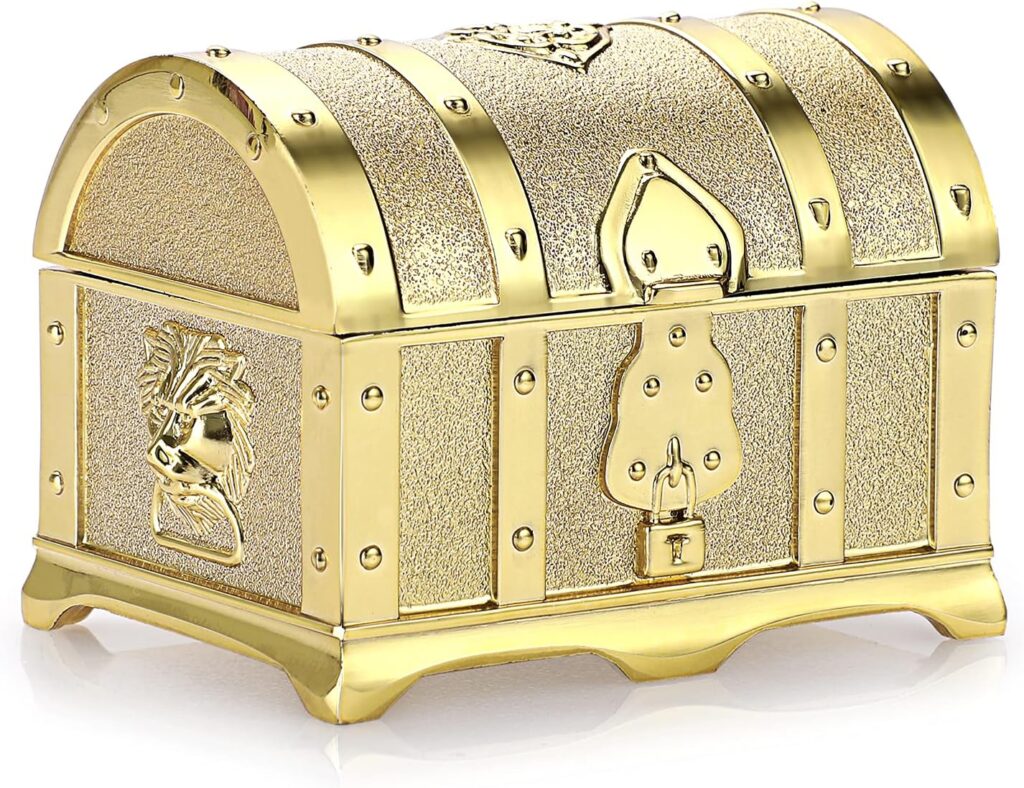 Hipiwe Vintage Metal Jewelry Box Large Treasure Trinket Chest Ring Earrings Necklace Keepsake Gift Holder Case for Girls Ladies Women (Gold,Medium)